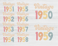 1950-1959 Vintage Birthday Svg Files For Cricut, 70th Birthday Svg, Adult Birthday Svg, Vintage 1951 Svg Dxf