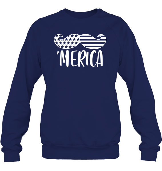 Merica Flag Mustache 4th Of July Shirt Unisex Fleece Pullover Sweatshirt