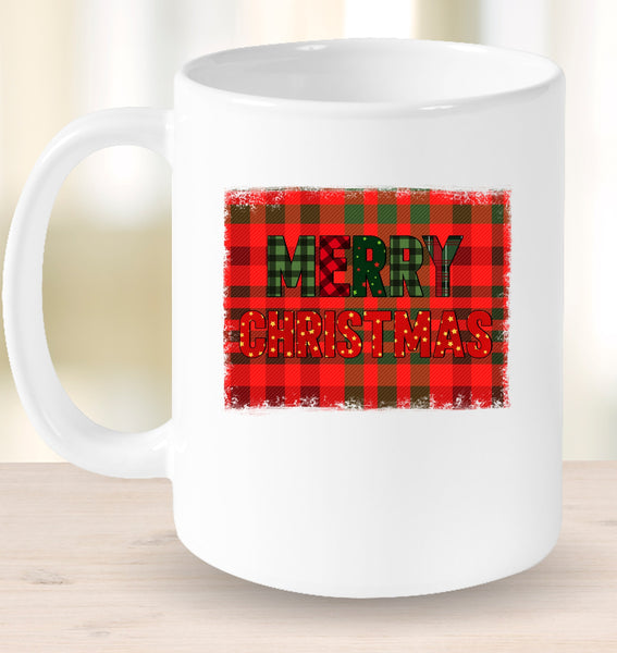 Merry Christmas Coffee Mug With Plaid Background